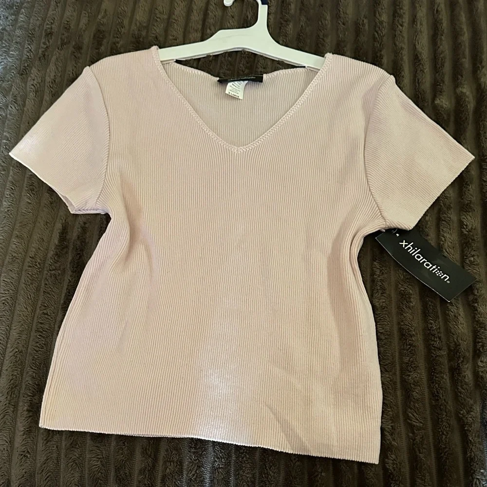 Xhilaration Light Pink Ribbed Cotton Fabric V Neck Top Size XL New - Picture 1 of 5